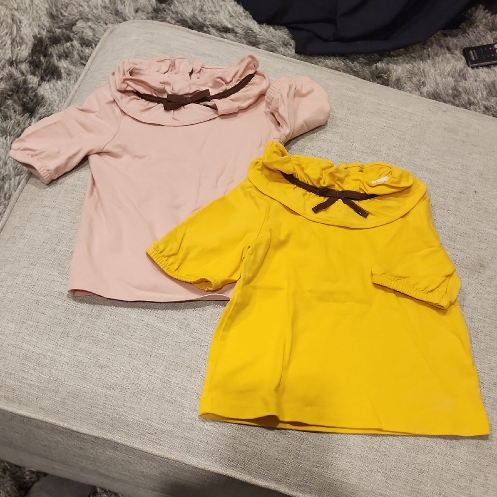 Janie and Jack Ruffle Collar Jersey Tops - Pink And Yellow - 2T